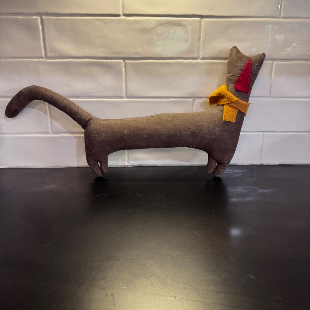 Handmade Primitive Long Body Cat Plush Brown Rustic Folk Art Decor 20in